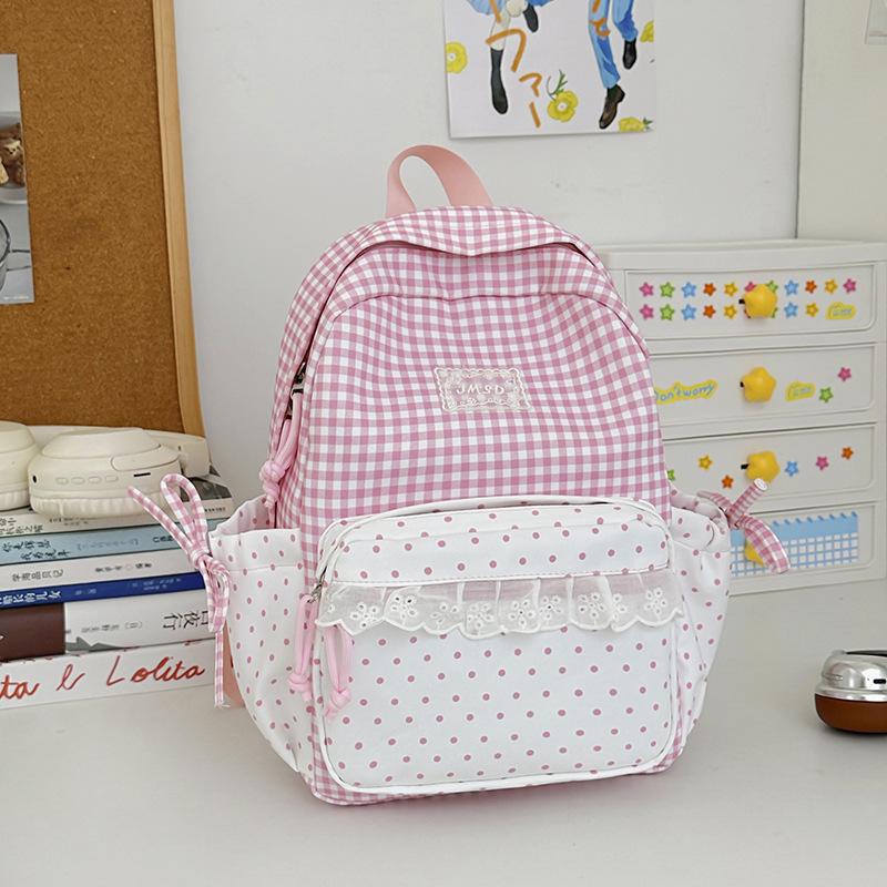 Schoolbag Milk Fufu Plaid Corrugated Lace Heart Travel Small Backpack Sweet Wind Student Party Big Sweet Bag