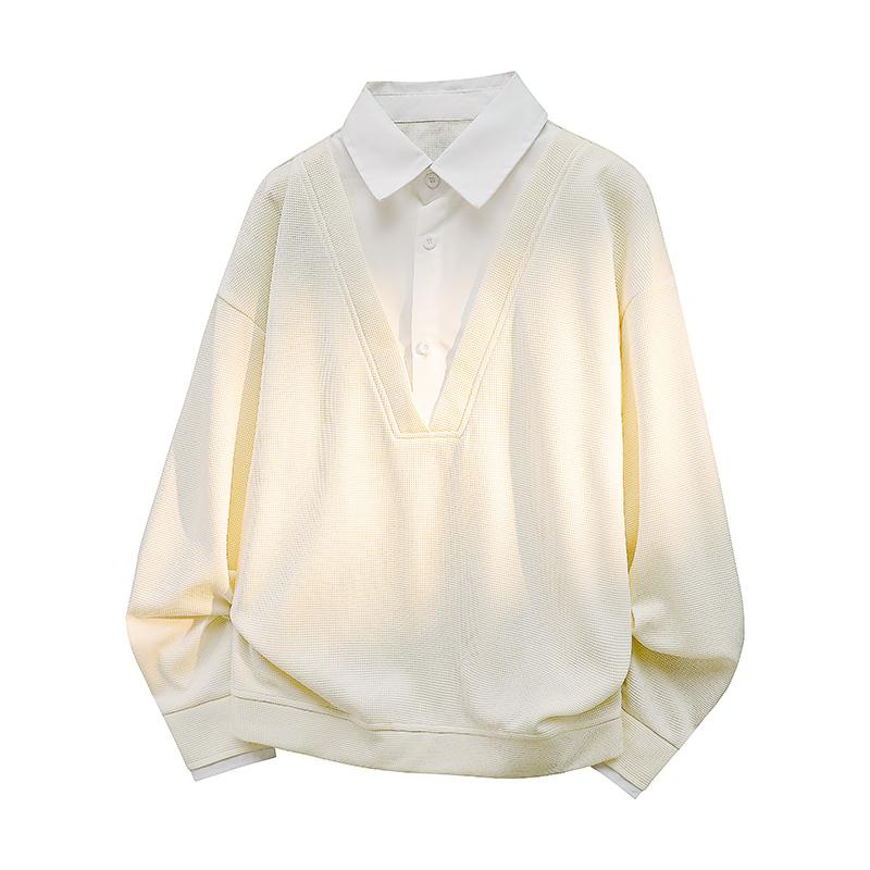 Men's Layered Look V-Neck Sweater - Casual Fake Two-Piece Long Sleeve Top