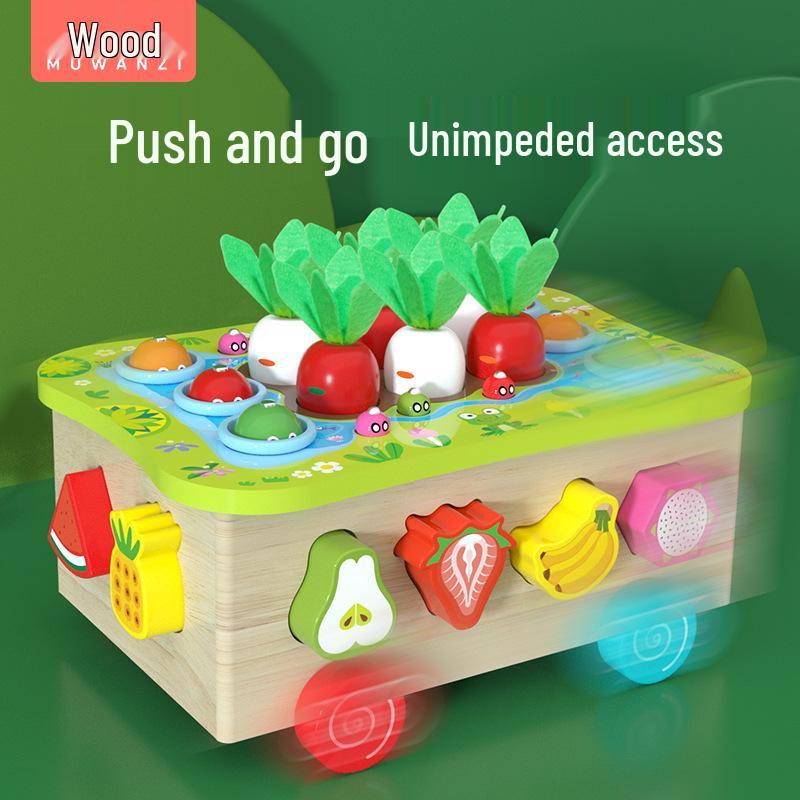 Kids' Wooden Geometric Shape Puzzle & Educational Toy Car with Orchard Picking, Carrot Pulling, and Fishing Game