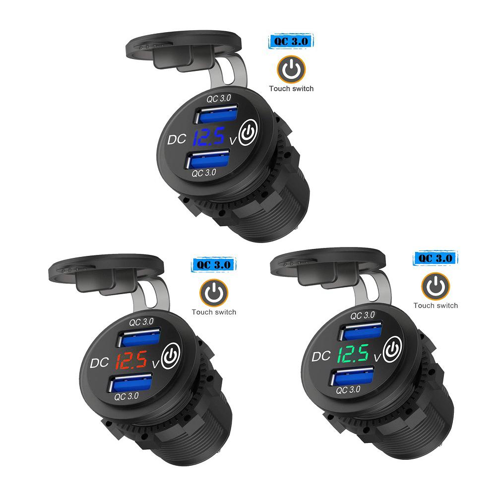 Waterproof Quick Charger QC3.0 Dual USB Car Charger with Switch Button LED Voltage Display for 12V/24V Cars Boats Motorcycle