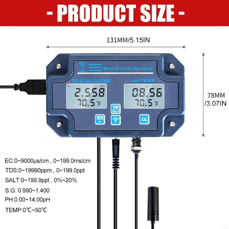 6 in 1 Digital Water Tester with WiFi Data Transfer Measure Acidity Salinity for Home Farming Laboratory