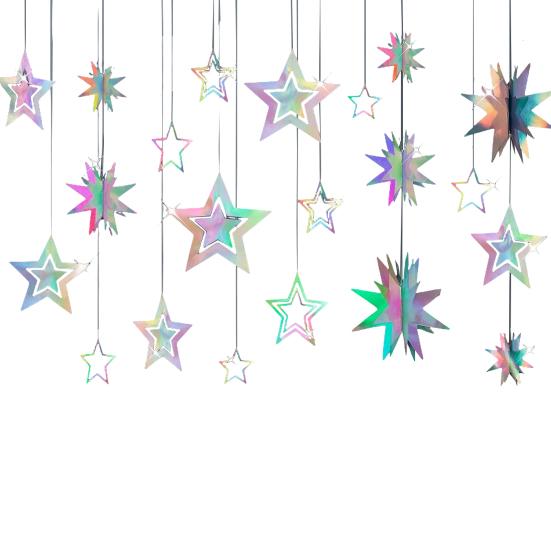 Iridescent Star Garland Decoration Metallic Holographic Star Streamer Twinkle Star Hanging Bunting Banner Backdrop for Birthday Baby Shower Wedding
