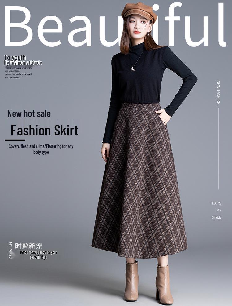 Chic High-Waisted Plaid A-Line Skirt - 2025 Autumn/Winter, Long Length, Women's Cozy Fashion