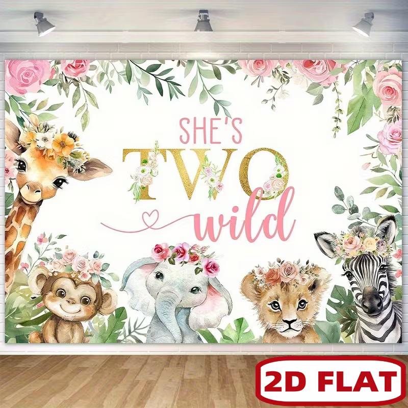 Toile de fond d'anniversaire 2D Two Wild avec animaux de safari floraux Décoration de fête