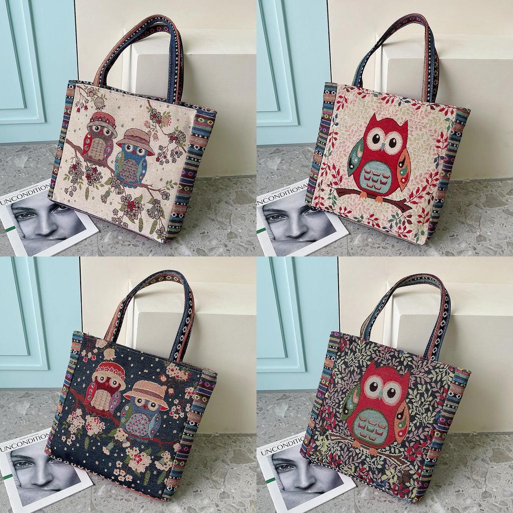Canvas Embroidered Owl Tote Bag With Zipper Closure For Daily Use