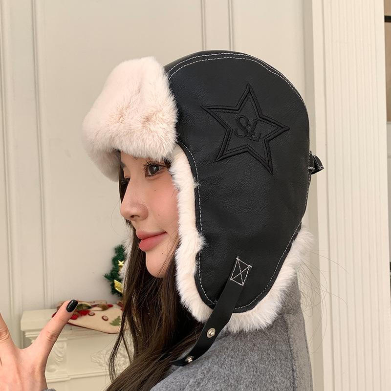 Lei Feng Hat for Women In Winter Warm PU Leather Plush Hat Northeast Outdoor Cold Proof Flying Hat Ear Protection Head Hat Men