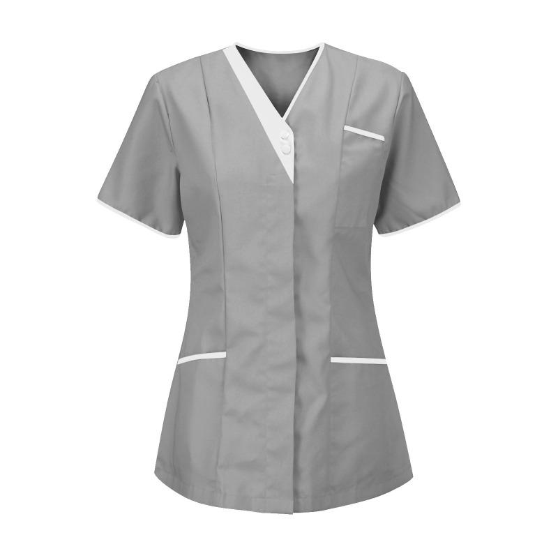 Women Solid Color Short-Sleeve V-neck Top Nurse Work Uniform Pocket Top