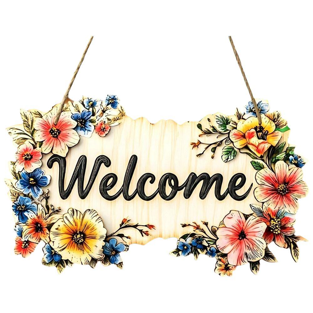 Retro Style Round Doorplate Cat Print Hanging Wooden Board New 2D Round Welcome Sign Home Decor