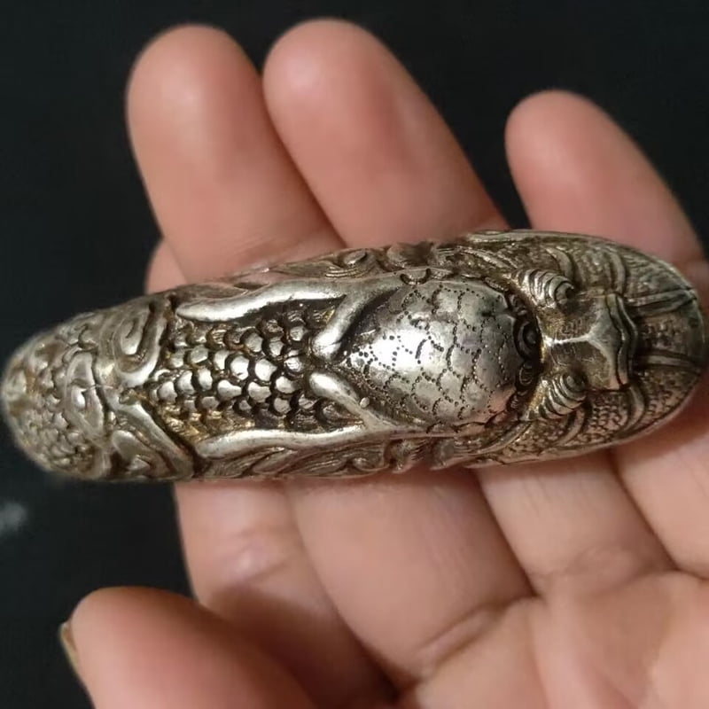 Exquisite Chinese Handmade Miao Silver Carving Dragon Spit Bead Open Bracelet Ethnic Style Zodiac Hollow Round Men's And Women's