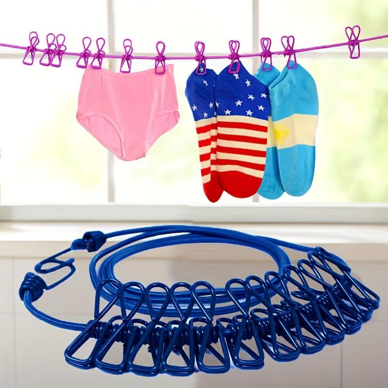 Adjustable Elastic Clothesline with 12 Clips Windproof Portable Travel Drying Rack, for Outdoor Garments, Bedding, Socks & Delicates