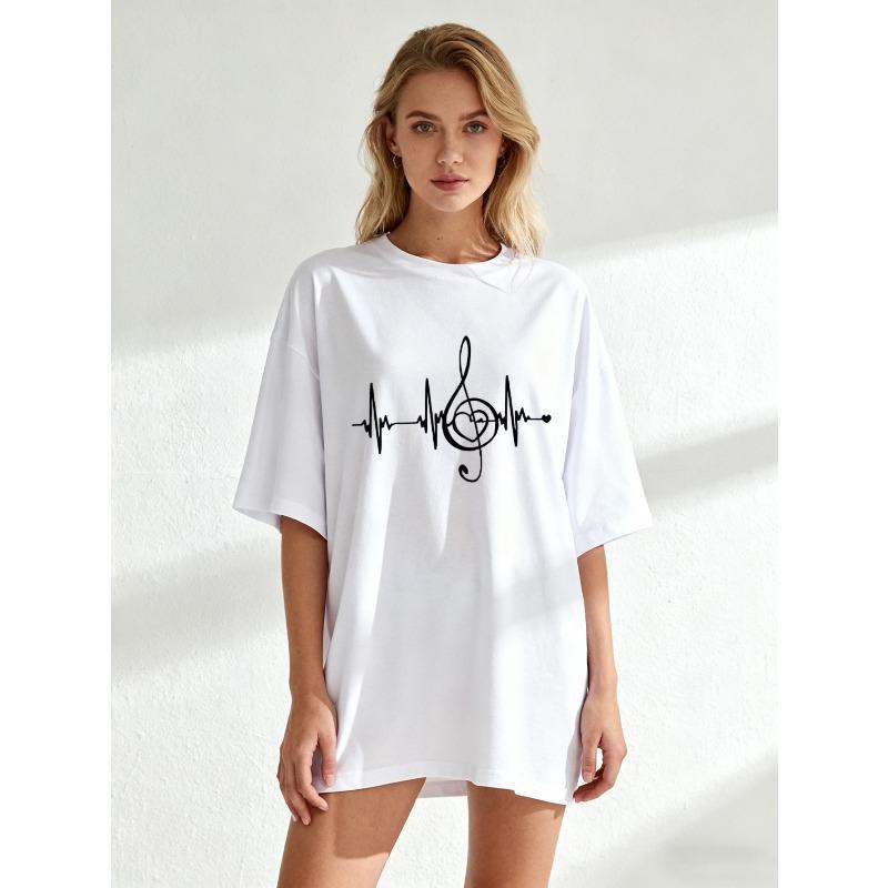 Oversized T Shirt Black Music Note Heartbeat Print Casual Streetwear For Women