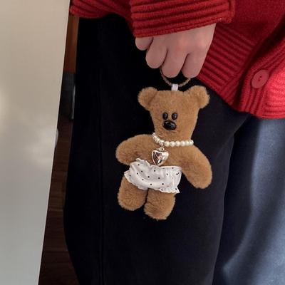 Creative Tilted Head Teddy Bear Polka Dot Underwear Necklace Plush Doll Bag Pendant, Coffee Bear Keychain