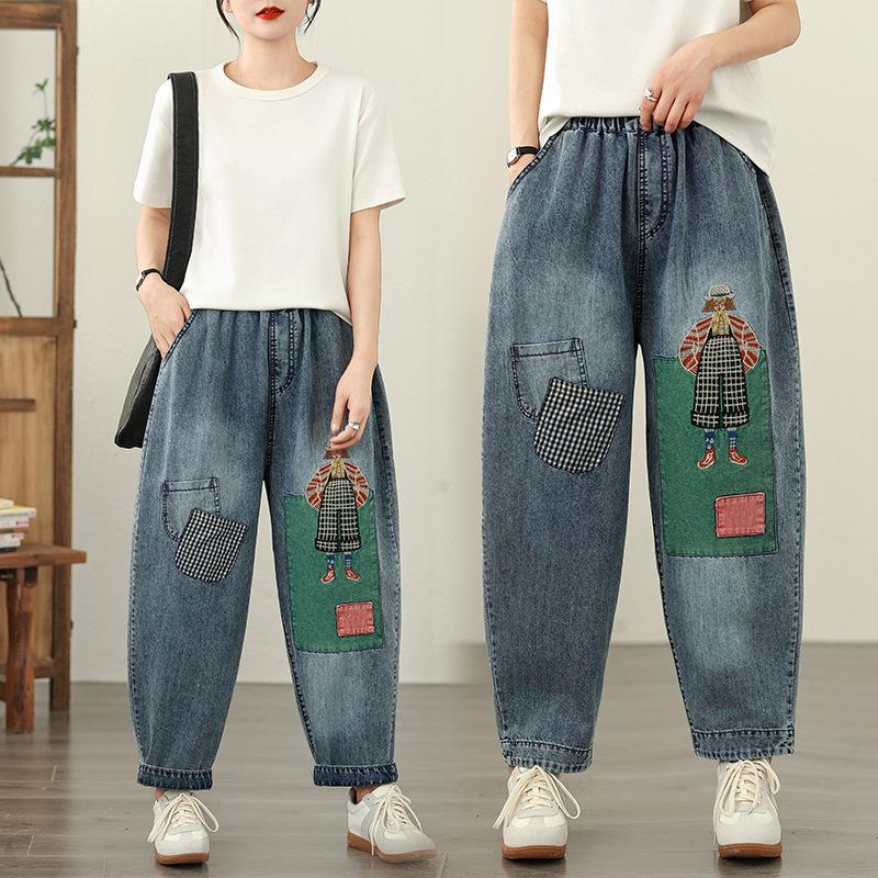 Cartoon Patch Embroidery Denim Pants Women Summer High Waist Loose Cropped Pants Female Casual Streetwear Jeans Pants