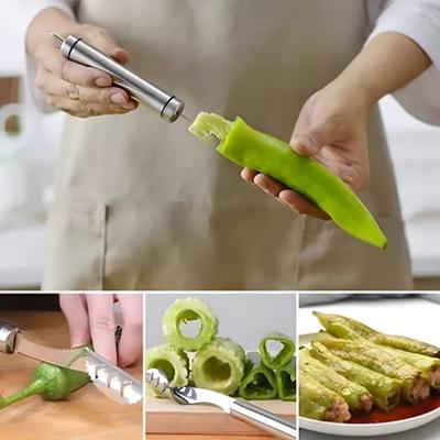 2Pcs Chili Pepper Core Remover Spiral Tooth Descaling Machine Easy Grip Kitchen Cutter Slicer for Peppers Cucumbers Bitter Melon