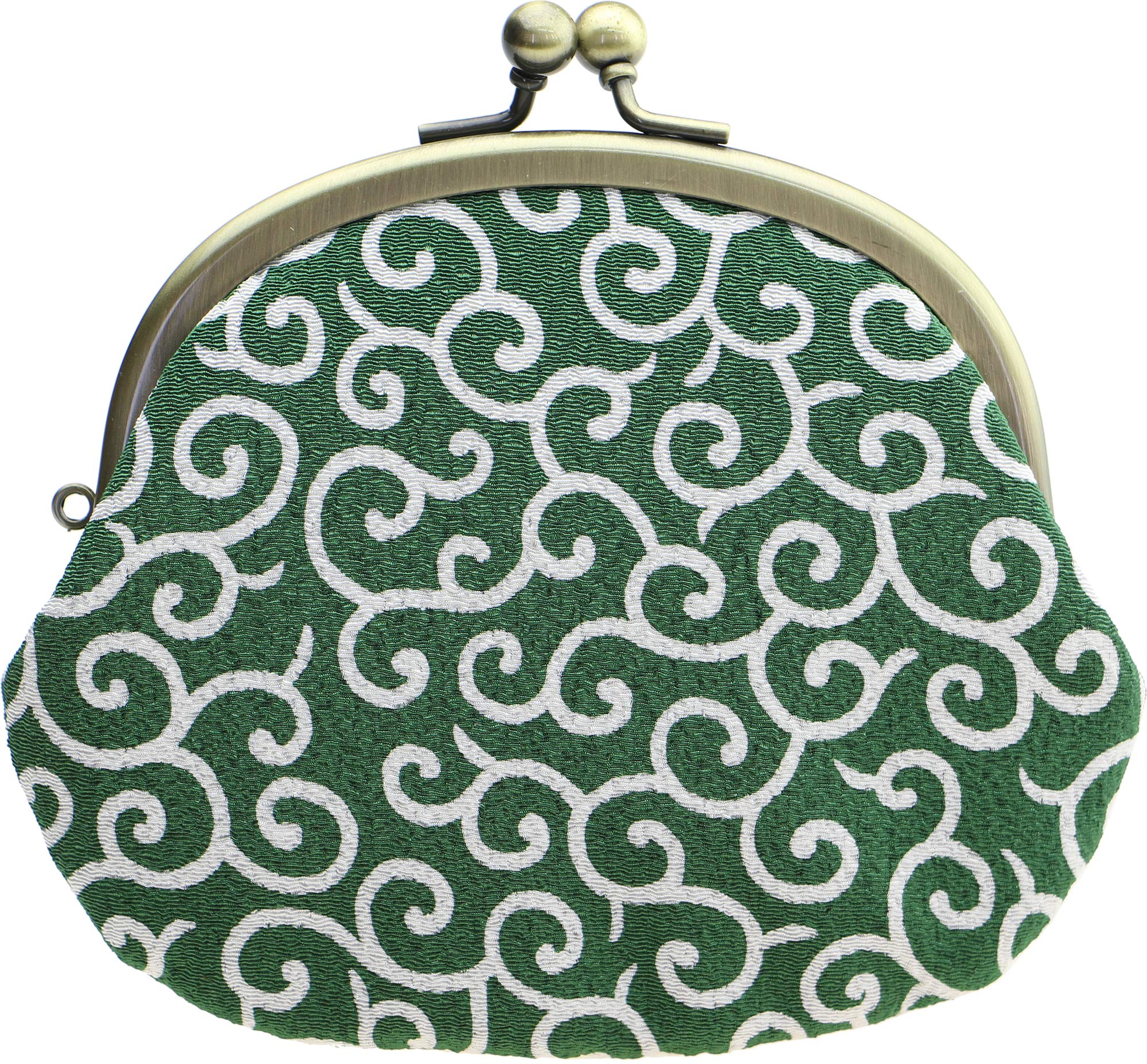 

Watona Chirimen Clasp Purse, 3.3-inch Round Coin Purse (Size 32, Arabesque Pattern, Green)