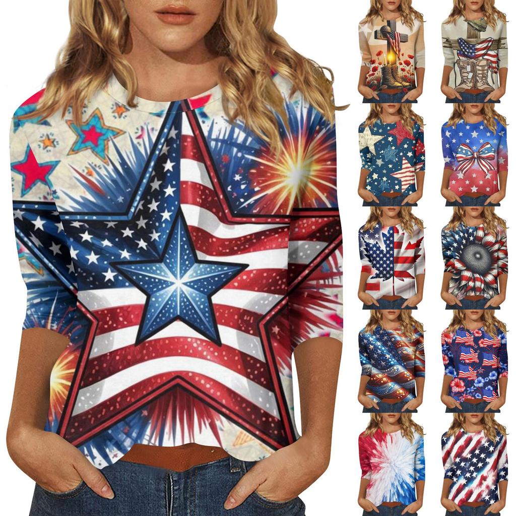 Women's Independence Day Print Round Neck Seven-Eighths Sleeve Top