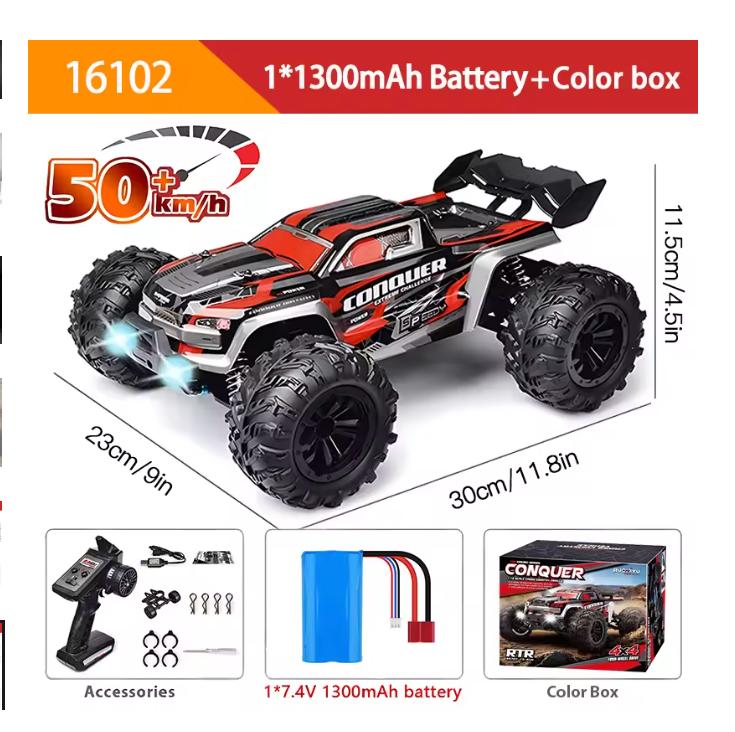 

16103 Швидкі автомобілі на радіоуправлінні 50 км/год 1/16 Off Road 4WD зі світлодіодними фарами, 2,4G водонепроникний пульт дистанційного керування Monster Truck для дорослих і дітей