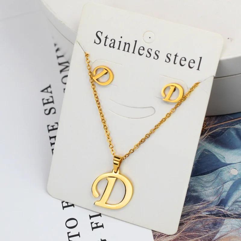 Stainless Steel Letter Necklace Bracelet Earring Zircon Set for Women Alphabet Pendant Necklace Party Gift