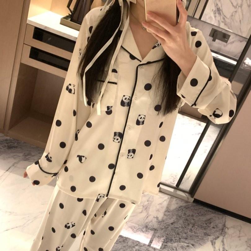 1011 New Pajamas Long-sleeved Trousers Women's Summer Cartoon Bear Hair Dot Sea Ice Silk Long-sleeved Trousers Pajamas Home