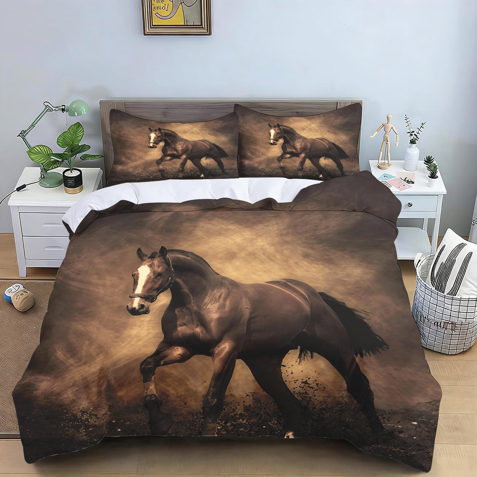 3D Schwarzes Pferd Bettwäsche Set Wildes Galoppierendes Pferd Bettbezug Kissenbezug für Schlafzimmer Dekor 135x200cm brown