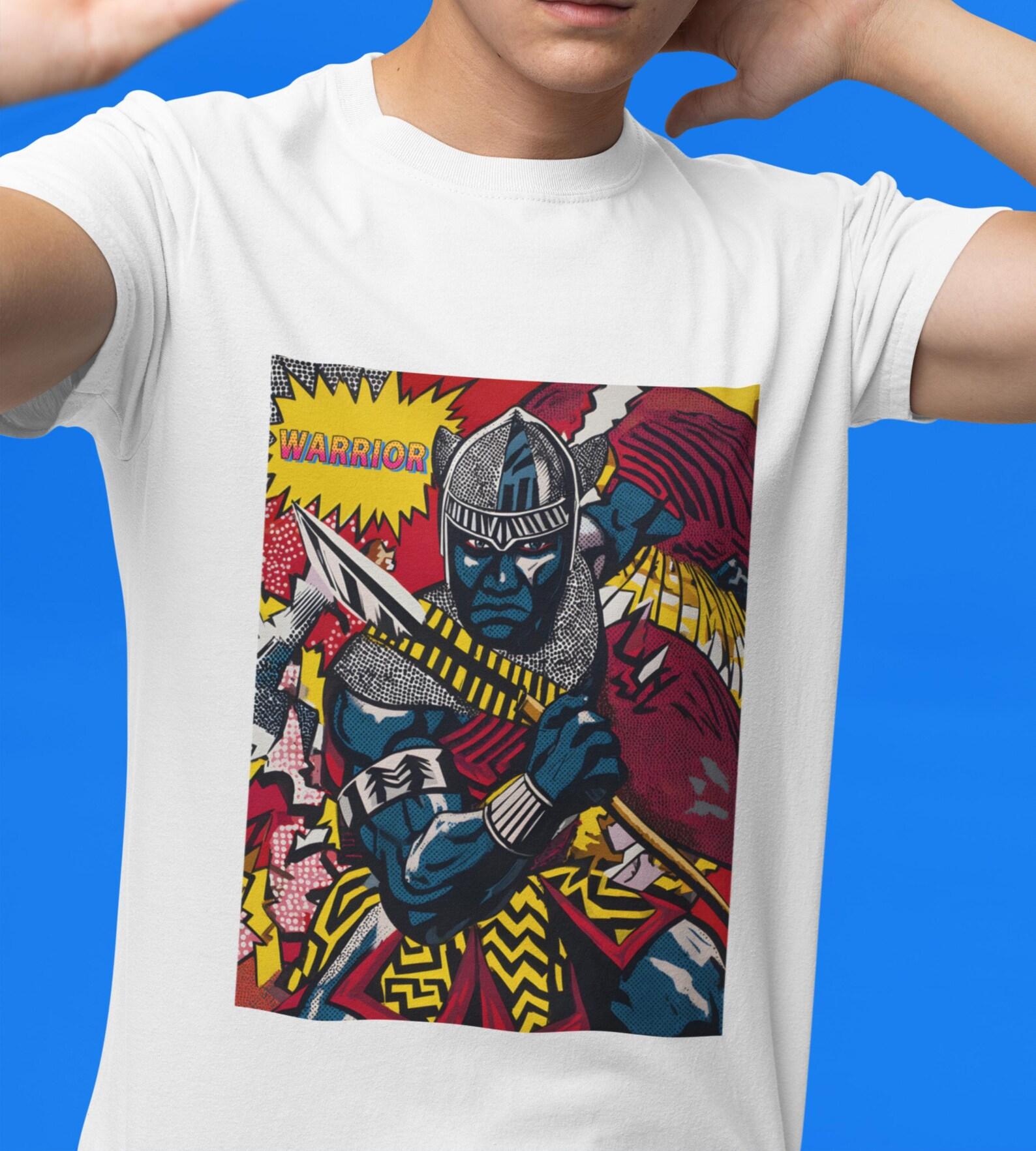 Pop Art Black Cat Warrior T-Shirt: Comic Book Style Tee L