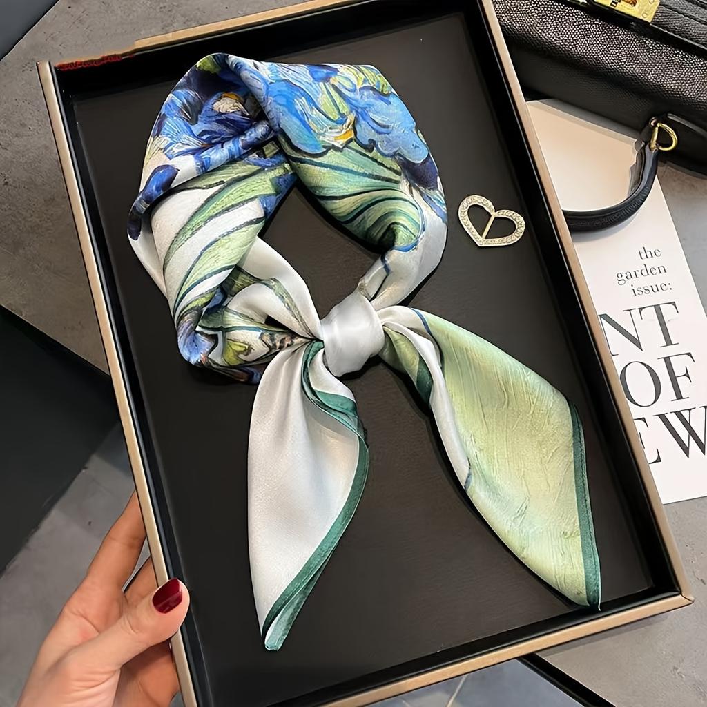 27.55" Oil Painting Flower Printed Square Scarf Elegant Thin Smooth Neck Scarf Literary Decorative Silky Headband For Women