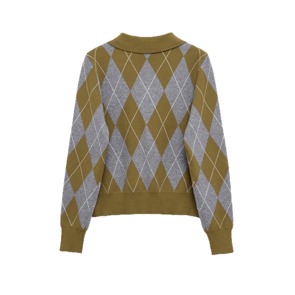 European and American Style, French Style, Women's Clothing, Fashion POLO Neck Long-sleeved Rhombus Knitted Sweater 2142208