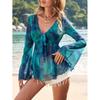 Women Tie Dye Mesh Peplum Top Long Sleeve V Neck With Front Tie