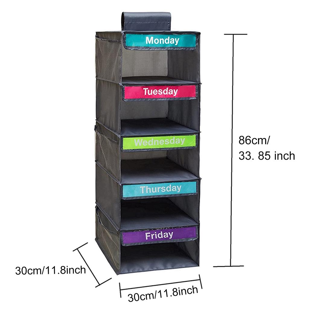 5-Shelf Hanging Closet Organizer with 5 Side Pockets Weekly Clothing Divider with Labeled Days Hanging Storage Shelves for Home