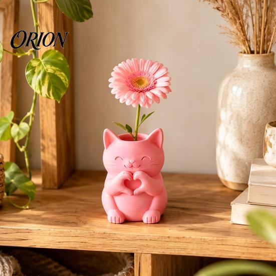 Unique Home Aesthetic Accents 3D Printed Cat Vase, Cute Smiling with Heart?Hand Gesture Flower Holder, Whimsical Studio Display Props Animal Shaped
