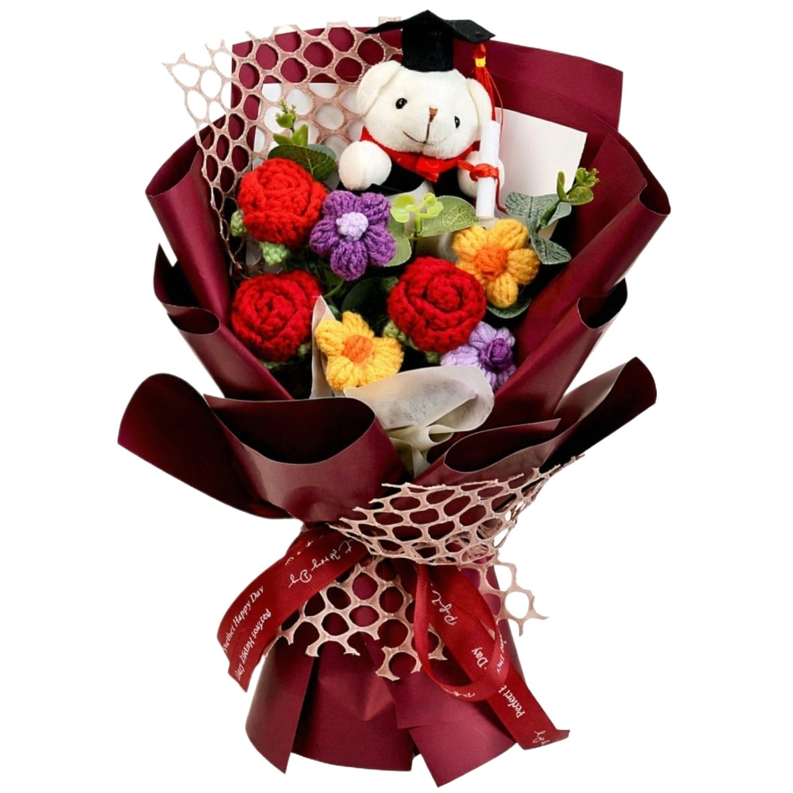 

Graduation Bouquet with Knitted Flowers and Plush Bear Decorative Gift Arrangement for Celebration and Event Display Use One Size червоний