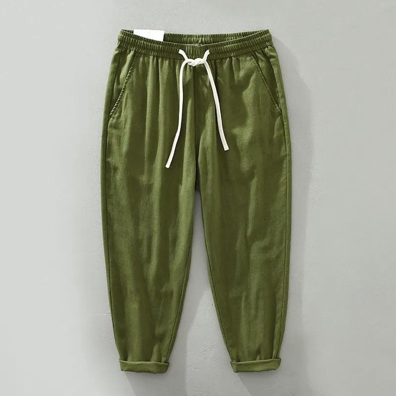 Men's Summer Breathable Loose Straight Linen Pants Solid Color Elastic Waist Casual Nine-minute Pants