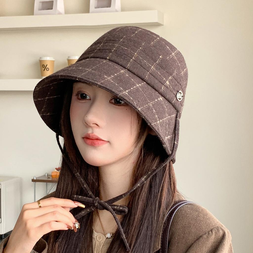 Spring and summer new linen blended bucket hat unisex simple versatile visor plaid casual hat basin hat