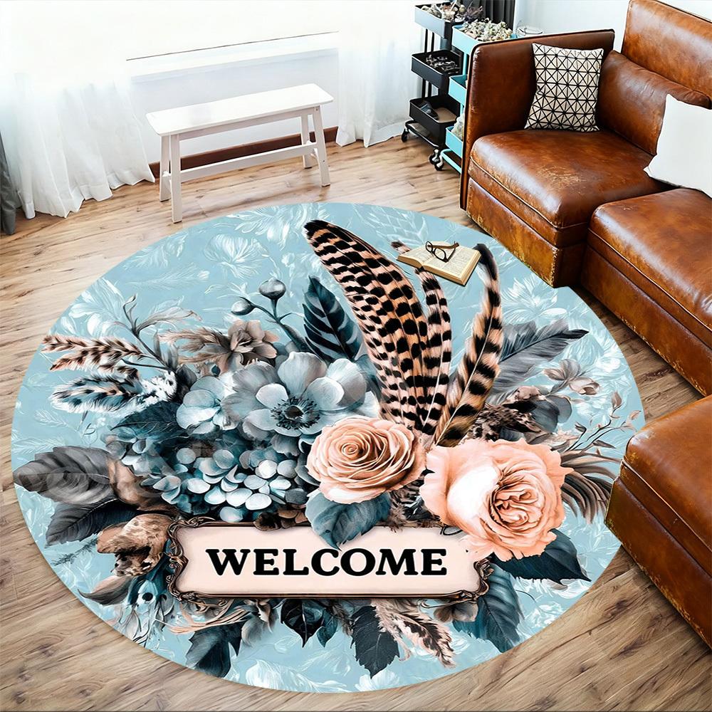 1PC Floral Welcome Office Round Area Rug, Under Office Chairs Bedroom Living Room Home Decor, Carpet for Office -1110107