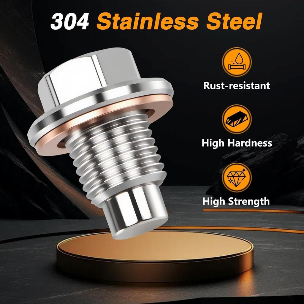 M12*1.25 Stainless Steel Magnetic Oil Drain Plug (with Extra 4 Copper Gaskets), Oil Pan Drain Nut Bolt, Anti Leakage Seal Compatible with Most Cars,
