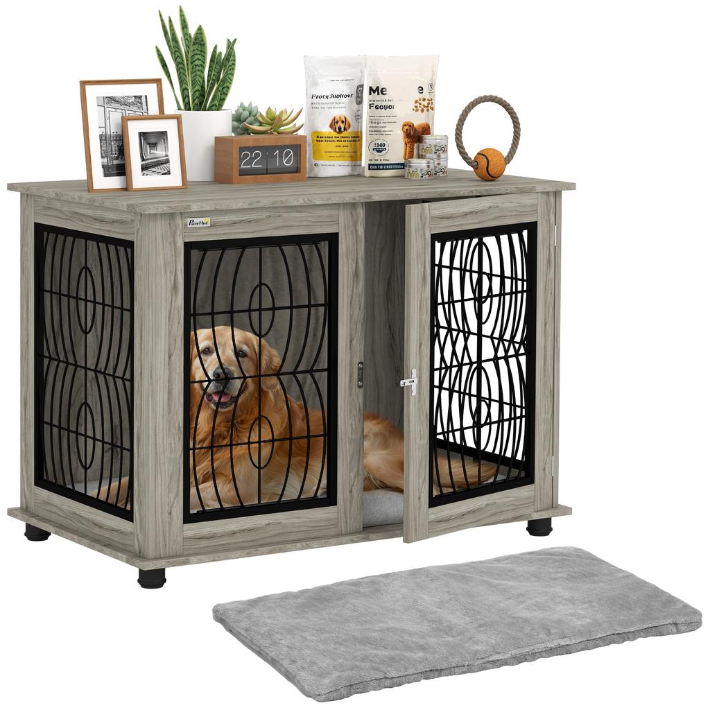 Indoor Dog Crate Furniture End Table with Soft Washable Cushion, Lockable Front Door, for Large Dogs - Grey