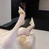 Fashion 2025 New Bride White Wedding Shoes Thin Heels Pointed Flower Rhinester Heels After The Empty Fashion Women'S Sandals