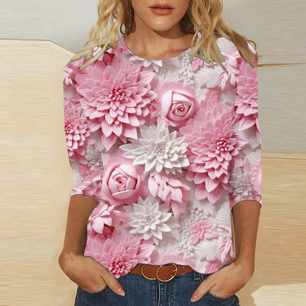 Rundhals 3D-bedrucktes romantisches Blumenmuster Top Modische lässige langärmlige Damen-T-Shirts