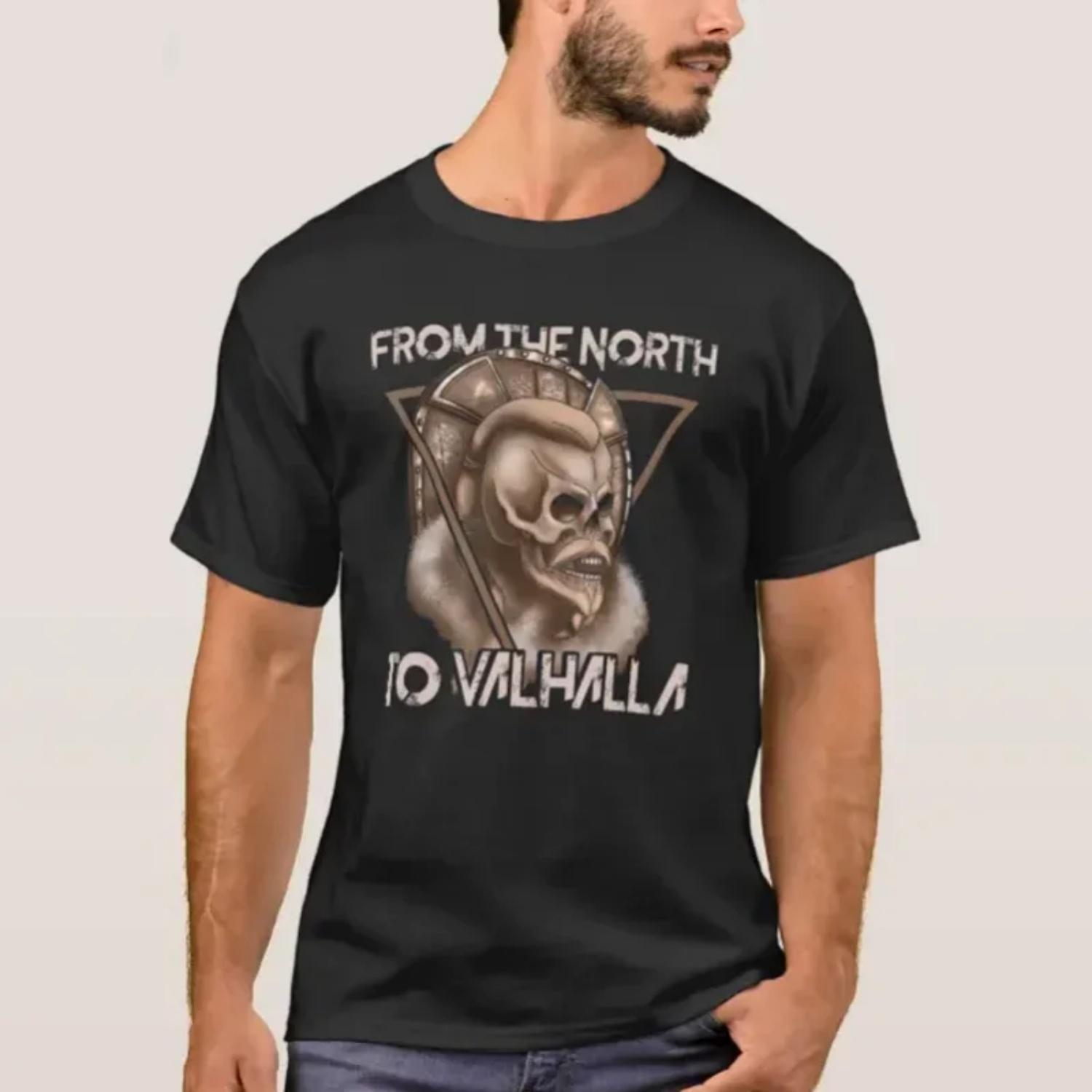 

From The North To Valhalla Nordic Mytholog VikingerWarrior Skull T Shirt New 100% Cotton Short Sleeve O-Neck Casual Mens T-shirt XXXXXL чорний