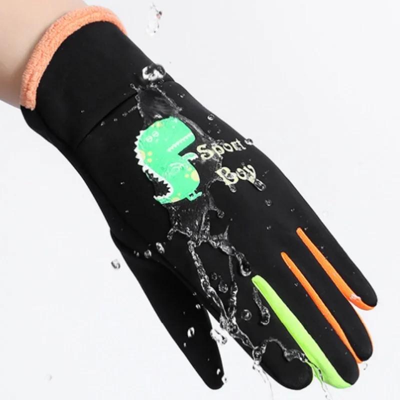 Cartoon Noctilucent Dinosaur Kids Plush Warm Gloves Winter Windproof  Outdoor Sport Cycling Gloves for Boy Girl Student Mittens