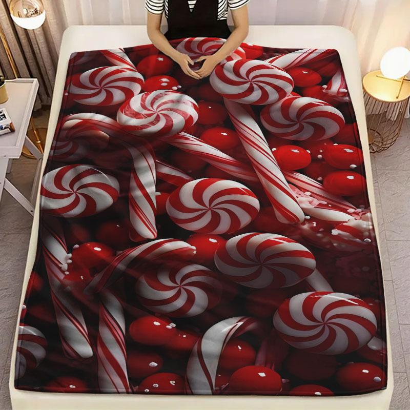 1pc Extra Candy Cane Flannel Blanket - Red White Throw for Sofa Bed Office Travel Picnic - Retro Festive Plush Christmas Decor