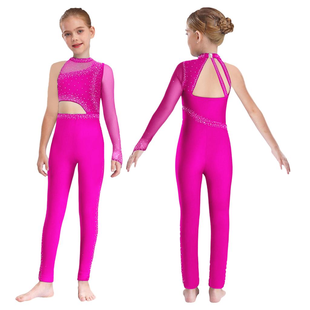 Mädchen Ganzkörper-Trikot Durchsichtiges Netz Patchwork Cutout Asymmetrisches Design Stehkragen Funkelnde Strasssteine Gymnastik Tanz Kostüm