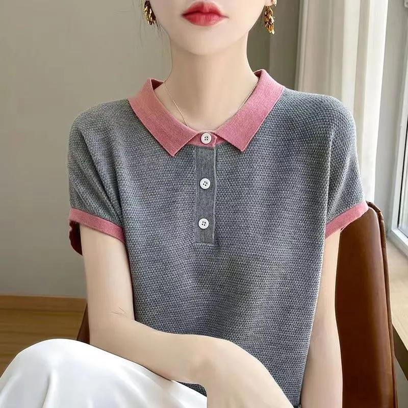Women's T-shirt Summer Fashion Age Reduction Lady T-shirt Temperament Korean Version POLO Collar Ladies Knitted Tops