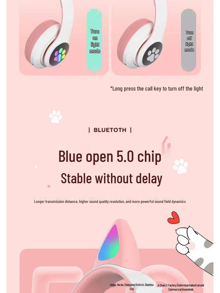 N28 Bluetooth Cat Ear Headphones for Girls - Pink, Luminous, Wireless, Colorful Lights
