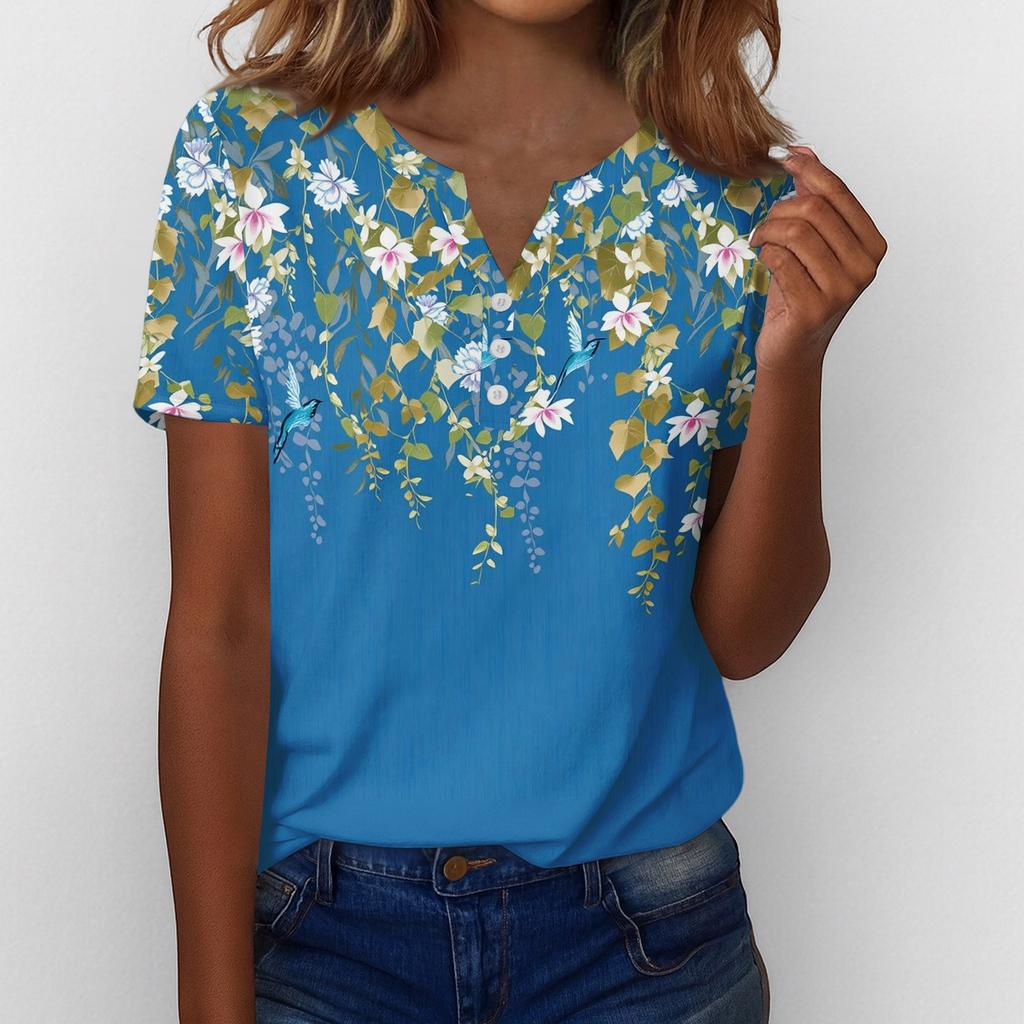 Women’s Short Sleeve V Neck Blouse with Button Floral Print Casual Loose Fit Lightweight Top Shirt