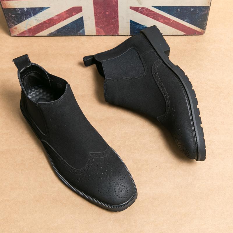 

Модные мужские ботинки челси из искусственной замши с блочной резьбой, низкий каблук, высокий верх, деловые повседневные ботинки, удобные дышащие мужские ботинки 46 чёрный