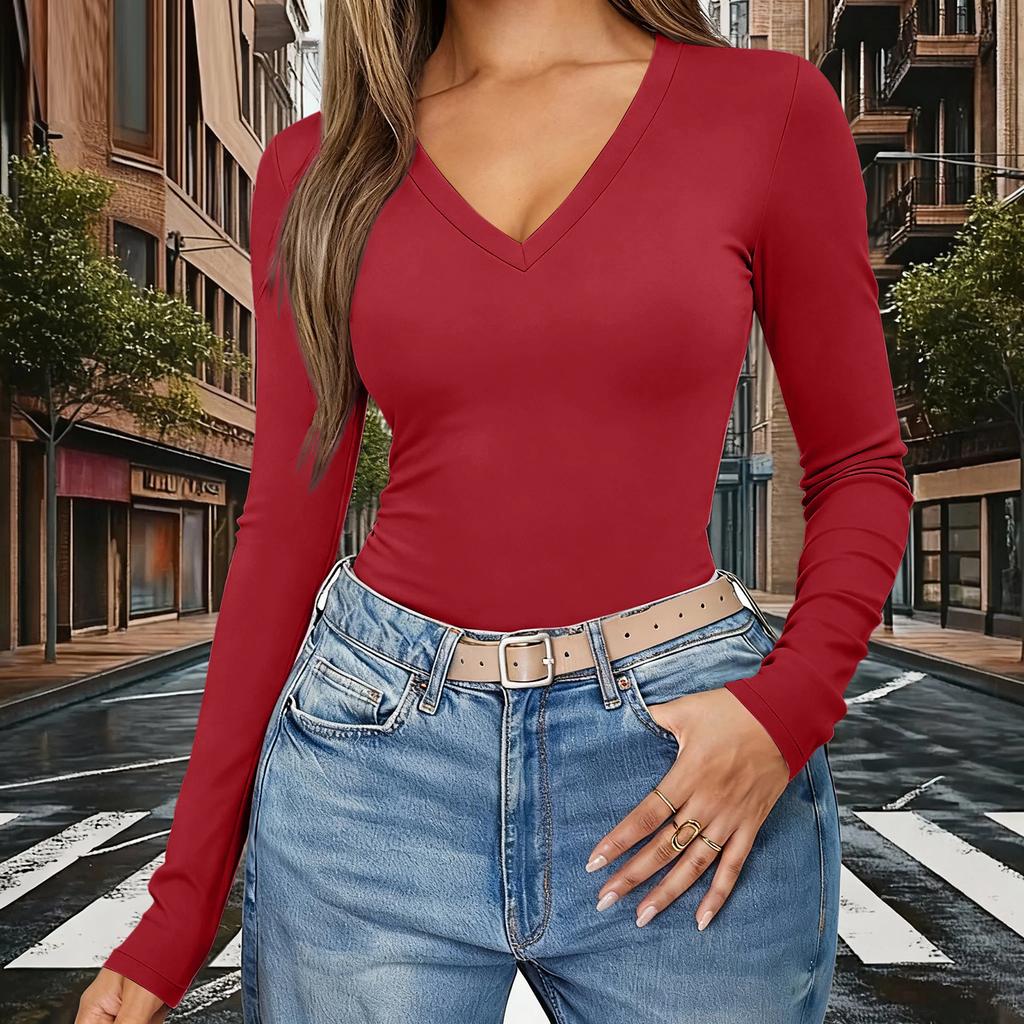 Women's Color V,Neck Slim,Fit Long,Sleeve Top