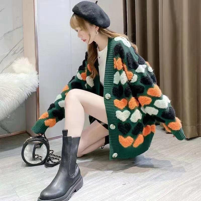 

Вязаный кардиган женский осень и зима свободный ленивый ветер любовь свитер куртка женский удобный универсальный и модный One Size зелёный