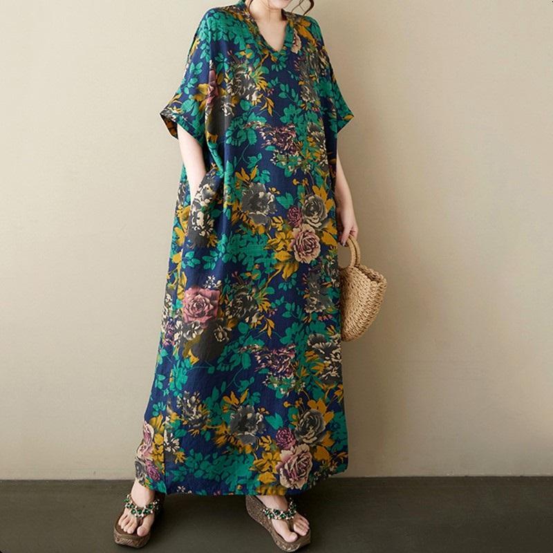 Short Sleeve Plus Size Cotton Vintage Floral New In Dresses for Women Casual Loose Maxi Long Summer Dress
