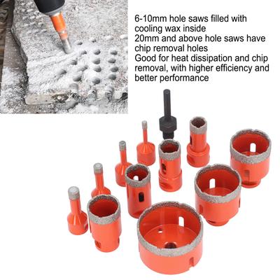 Hole Saw Kit 68/50/45/35/28/25/20/12/10/8/6mm M14 Diamond Hole Opener with Hex Shank for Ceramic Tile Marble Granite